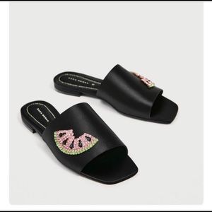 Zara satin watermelon square toe slip ons